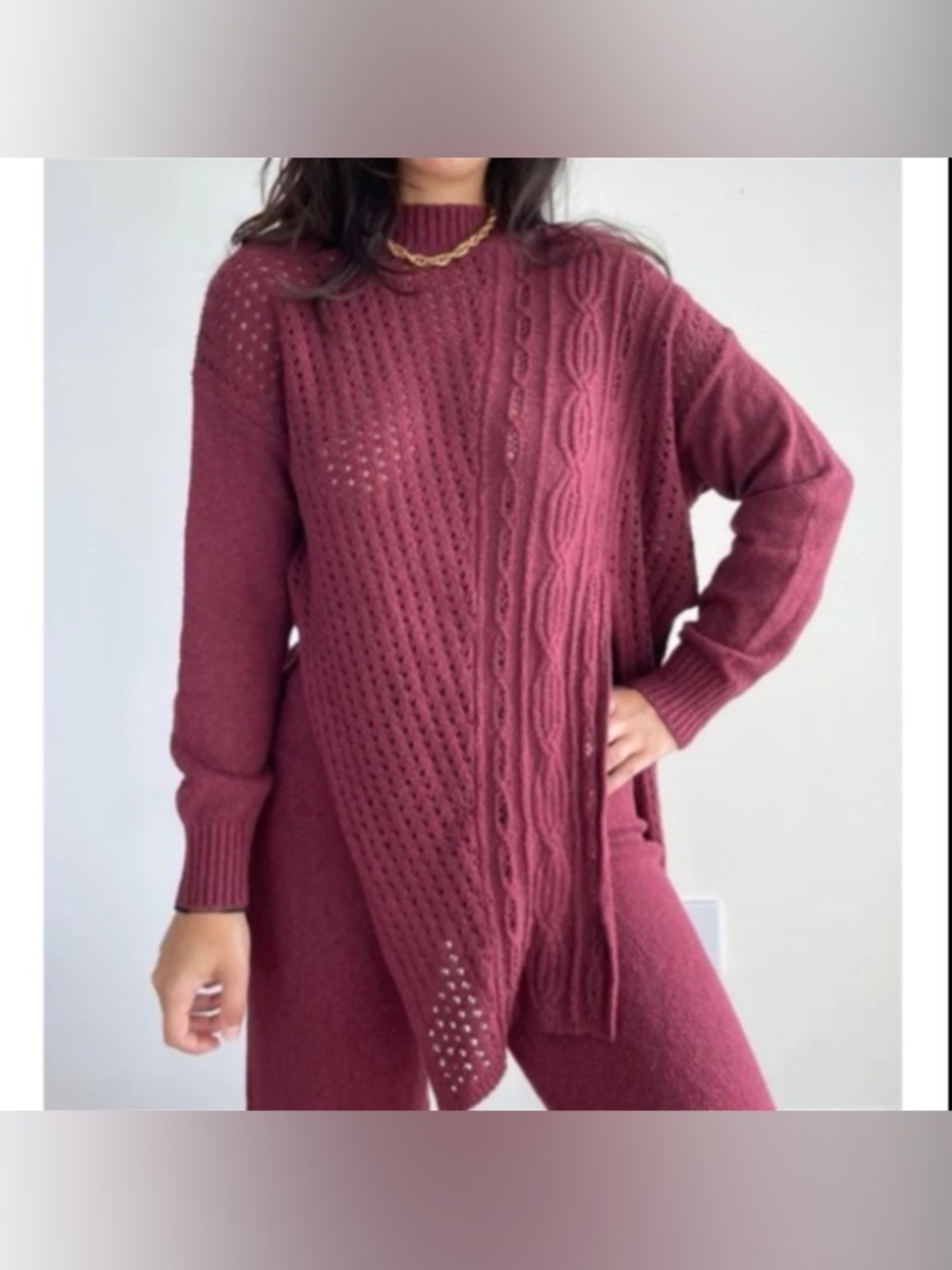 Free People Ribbed Cable Knit Turtleneck Sweater - Burgundy Size XSmall